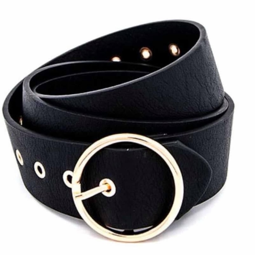 Black and Gold Leather Belt with Circle Buckle